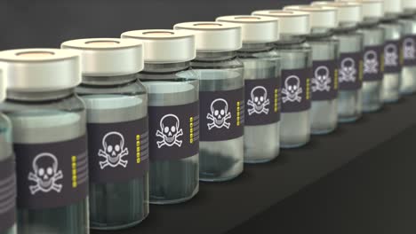 a flask of poison or a dose of toxic vaccine is on a dark ambient and the vials are coming from the right to the left a skull is stamped on the label and warning users to handle carefuly the liquid