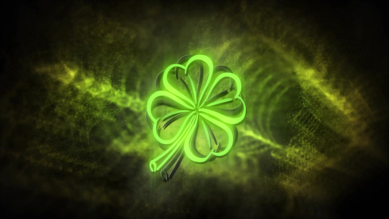 Neon clover emerging from etched outline, spawning ribbons and settling to halo for branding