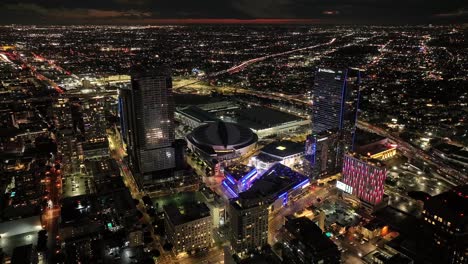 March-2023---4K-night-aerial-of-Downtown-Los-Angeles,-California,-USA