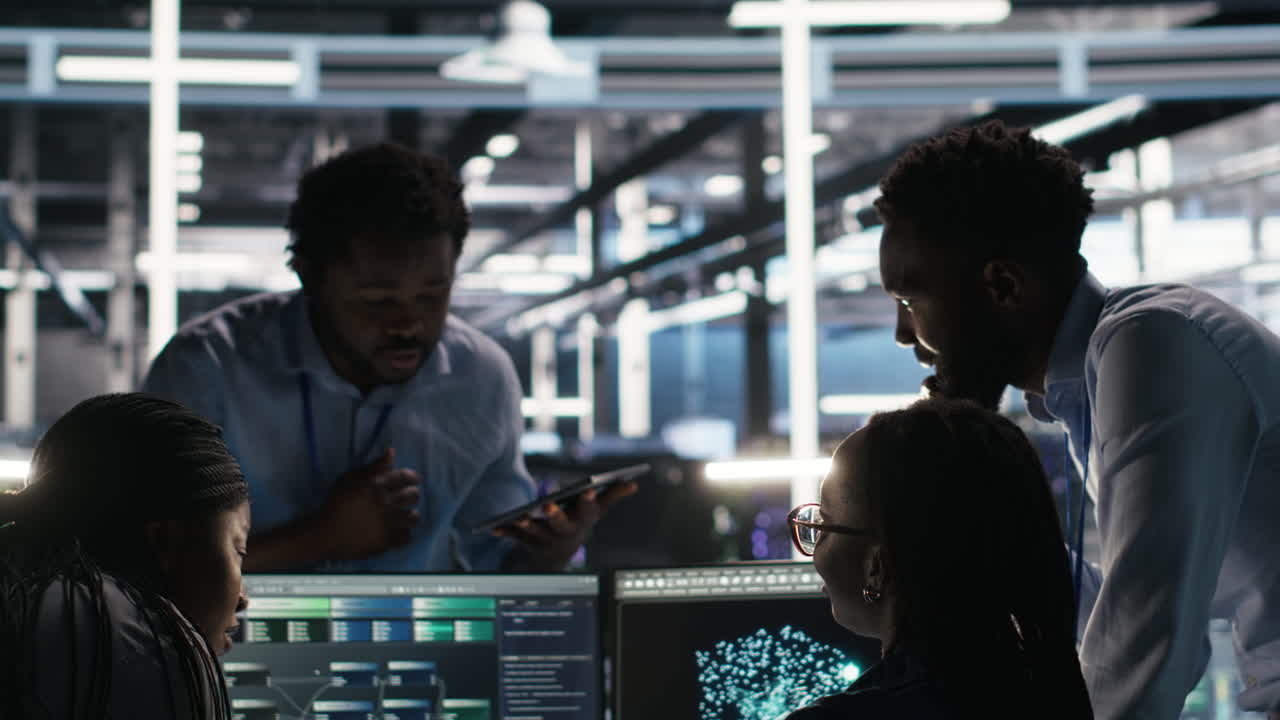 Data center coworkers doing brainstorming, using node tree software