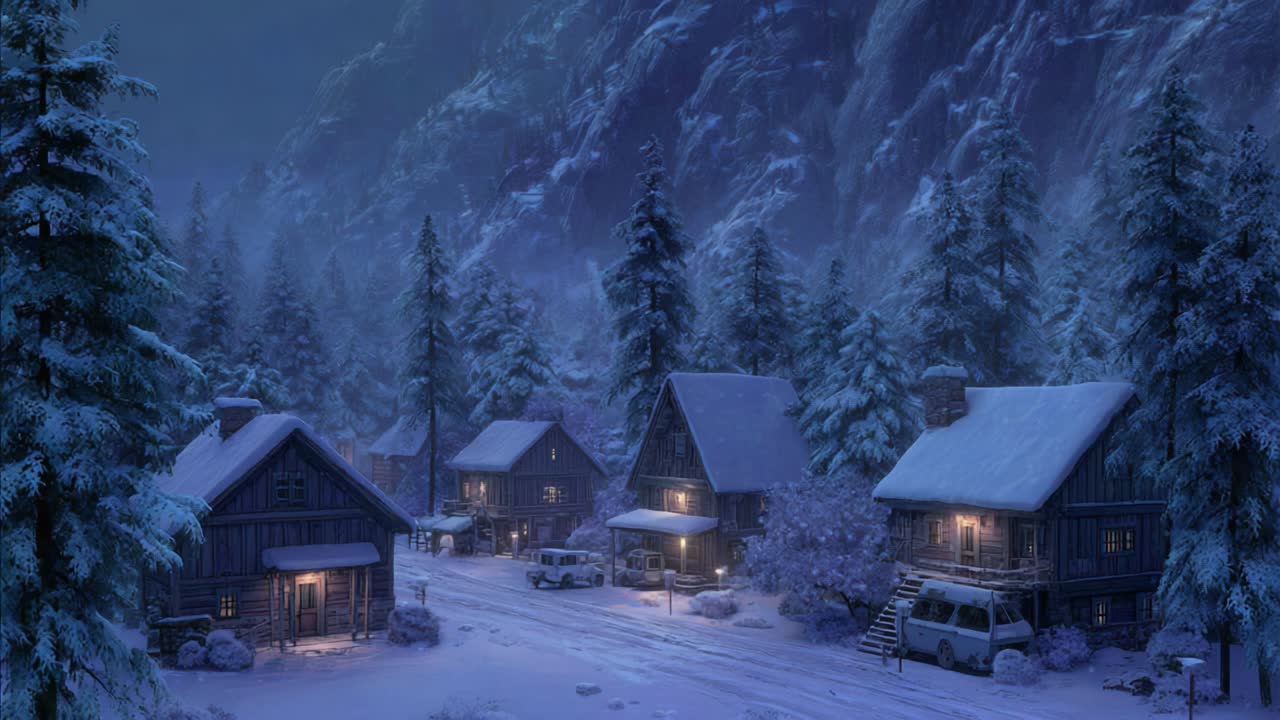 Snowy Mountain Village at Dusk: A Cozy Scene of Log Cabins Nestled Among Pine Trees, Illuminated by Warm Lights, Surrounded by Majestic Snow-Covered Peaks