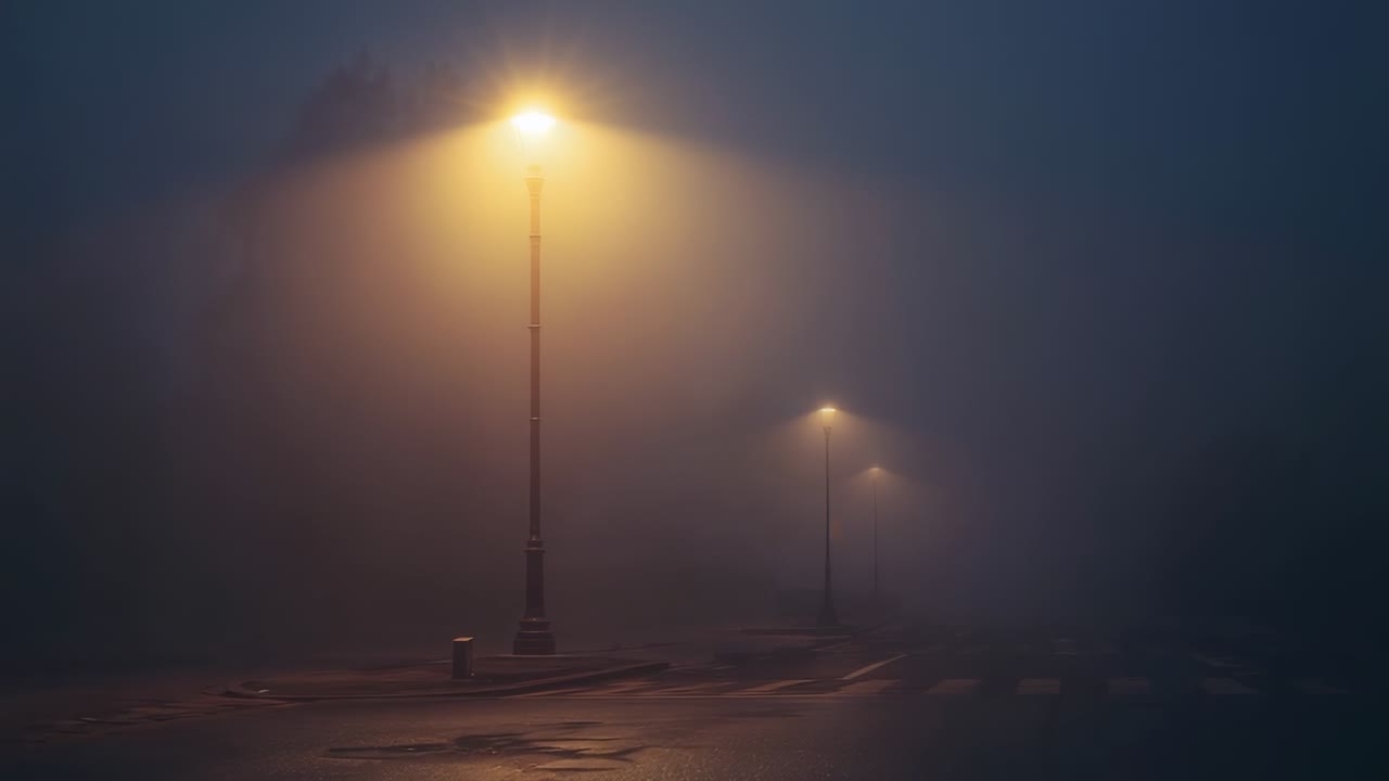 Panning camera revealing vintage streetlamp glowing over wet foggy crosswalk stripes and litter bin