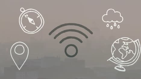 animación de wifi e iconos digitales sobre el paisaje urbano