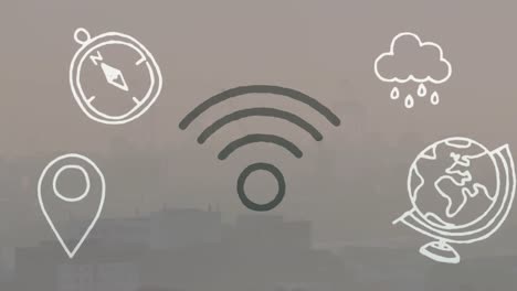 animation of wifi and digital icons over cityscape