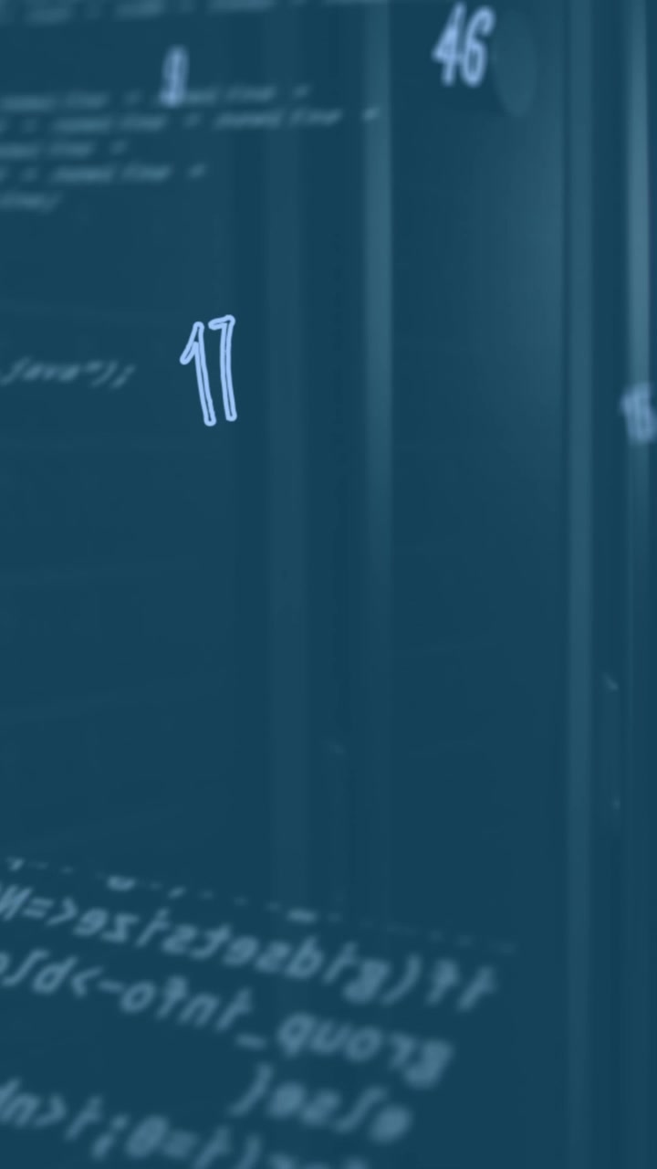 Animazione di linguaggio informatico e numeri su rack di server dati