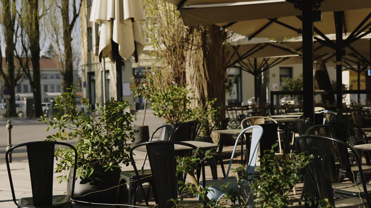 Empty Outdoor Cafe in a European Town