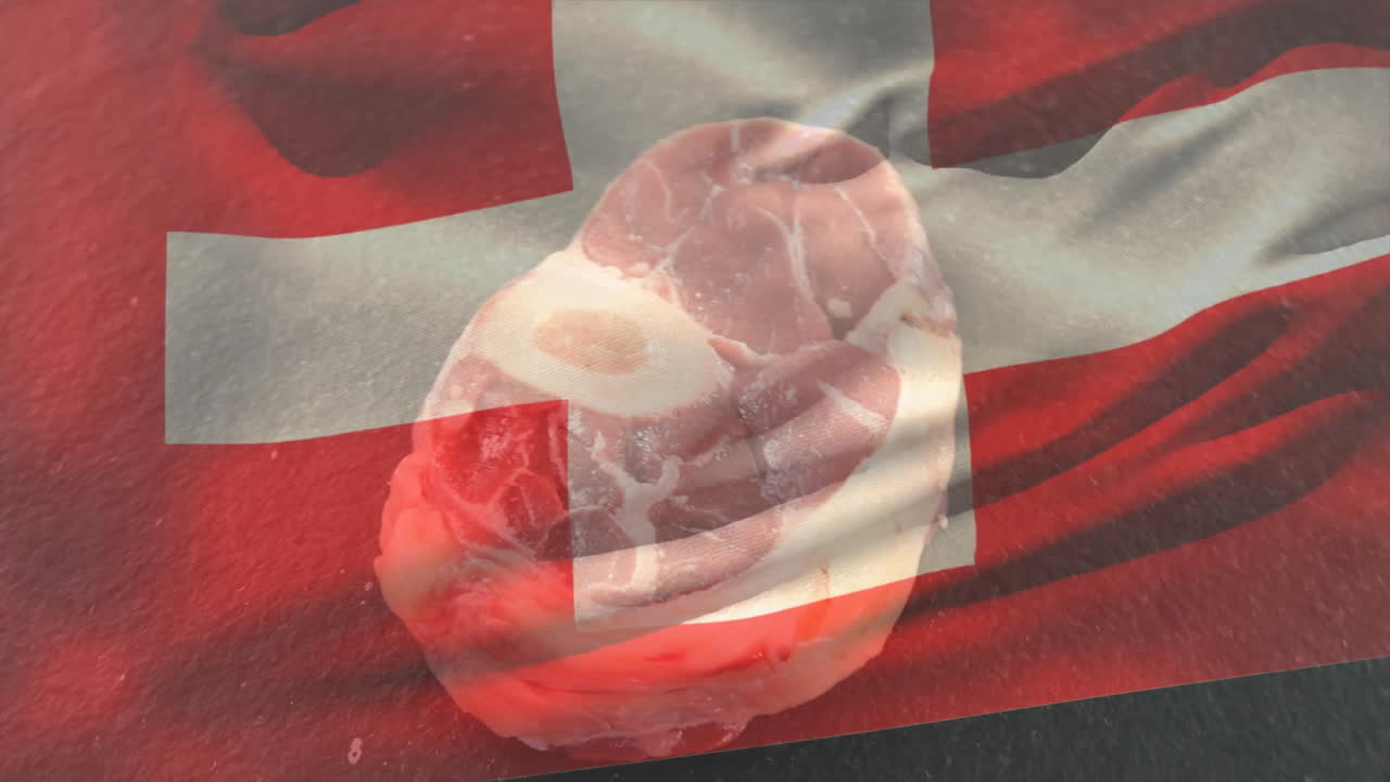 Swiss flag overlaying raw meat piece on red textured background