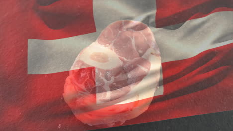 swiss flag overlaying raw meat piece on red textured background
