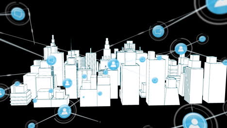 animation of network of connections with icons over 3d architectural drawing of city in background