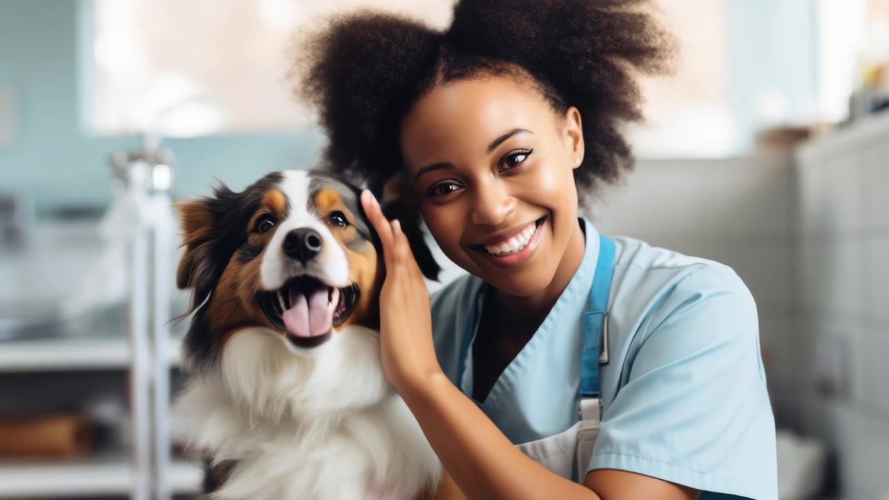 Vrolijke dierenarts die een hond aait in een kliniek