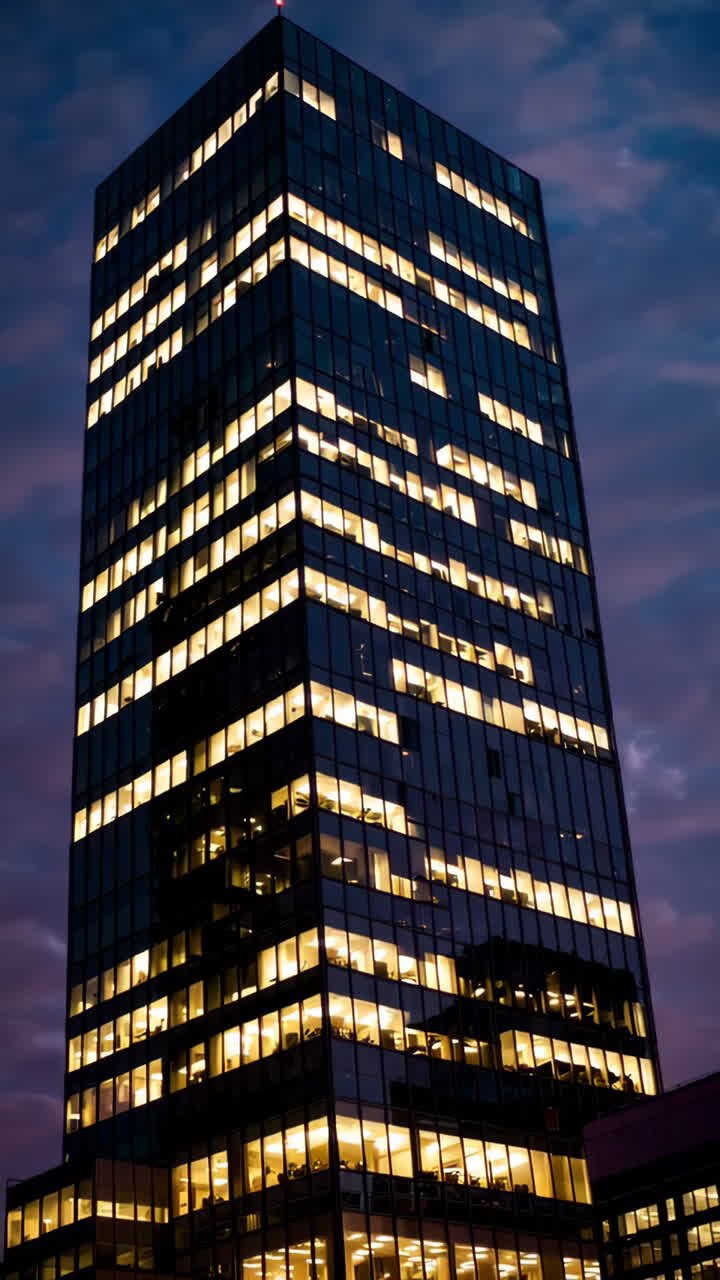 El rascacielos iluminado por la noche