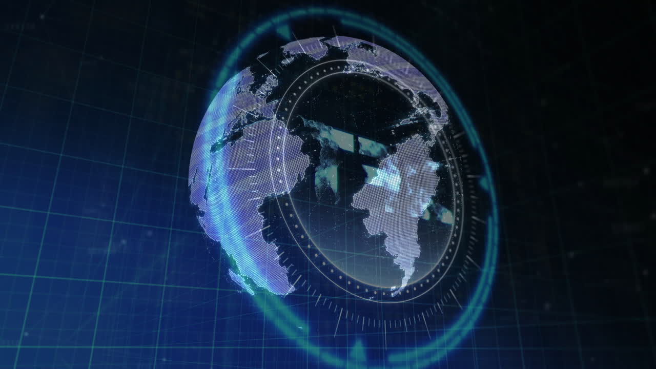 Animation of digital globe with rotating continents and data visualization elements