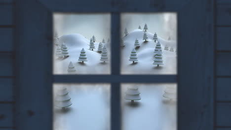 animación de nieve cayendo y paisaje de invierno de navidad visto a través de la ventana