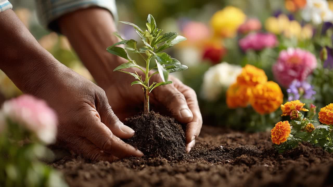 Cuidando la naturaleza: Una guía paso a paso para plantar una plántula joven rodeada de flores vibrantes en un entorno de jardín rico y fértil.