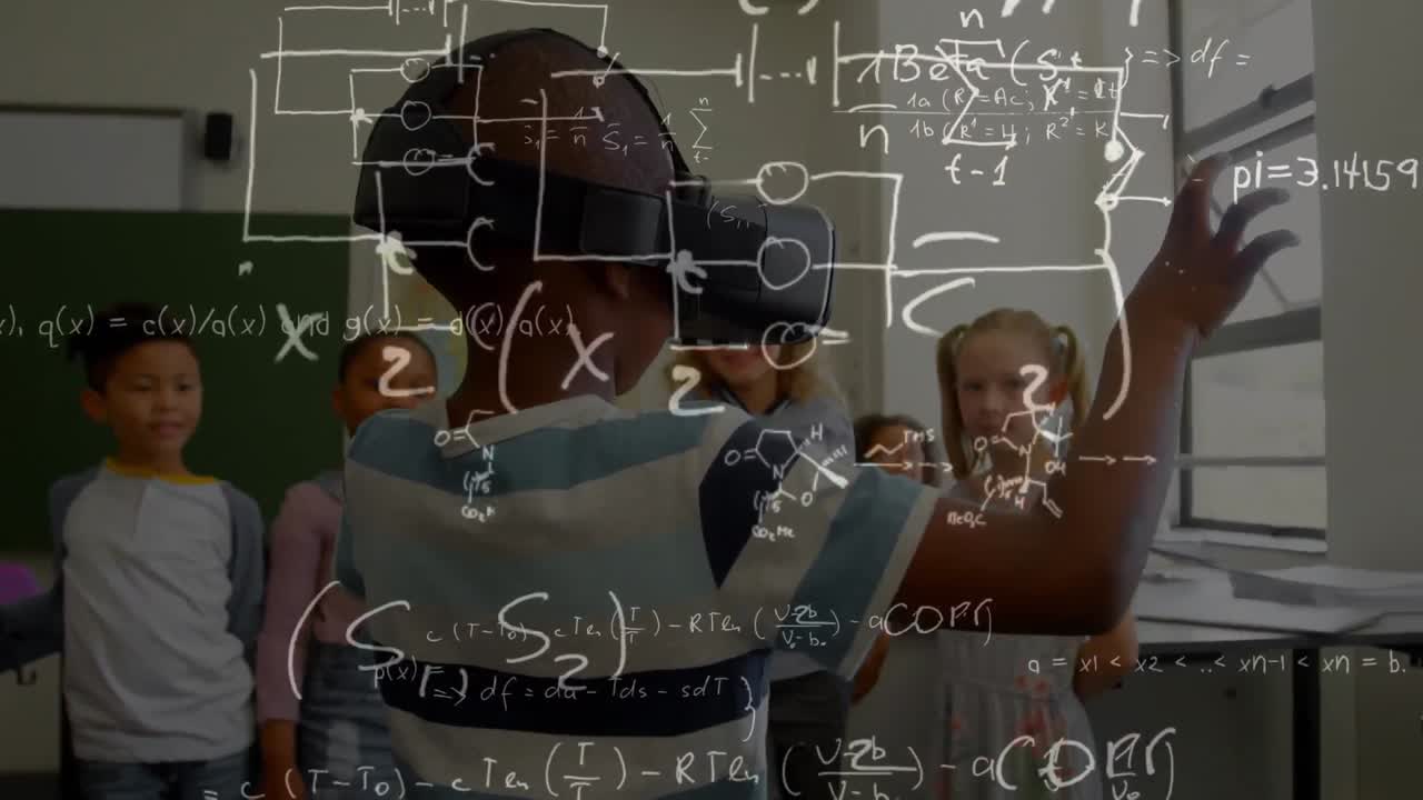 Animation of over equations over schoolboy wearing vr headset