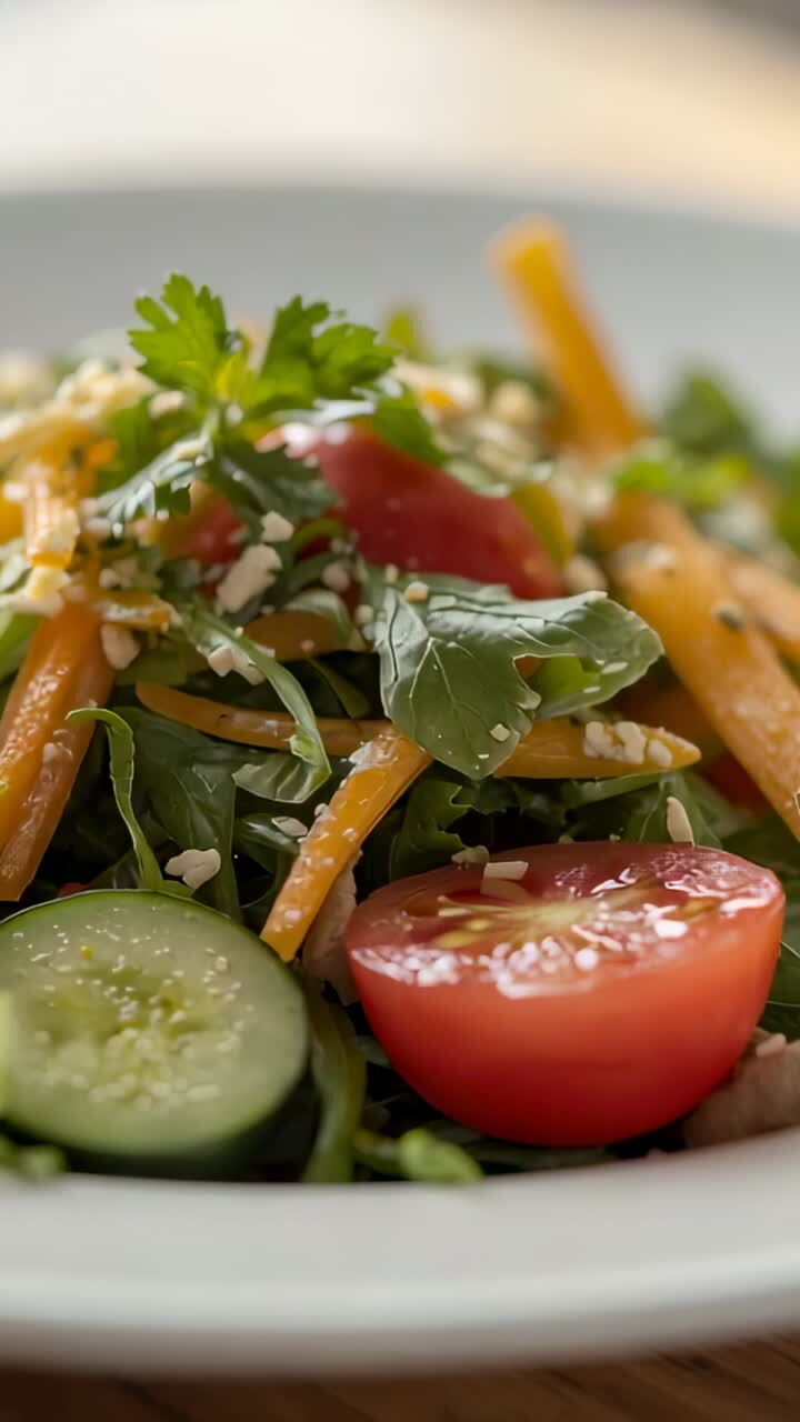 Vertical video: Beginning camera panning over plate holding salad on tabletop showing parsley sprig