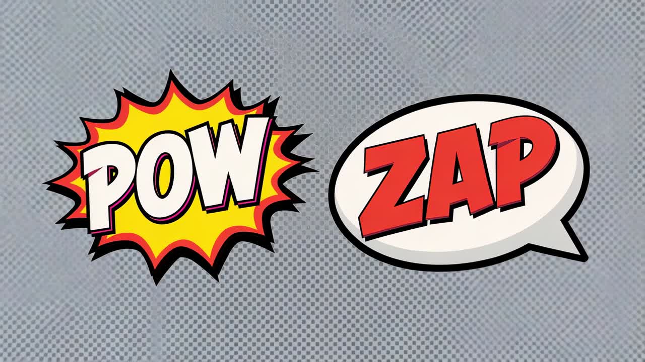 Displaying comic-style POW and ZAP graphics looping through frames in gray halftone background