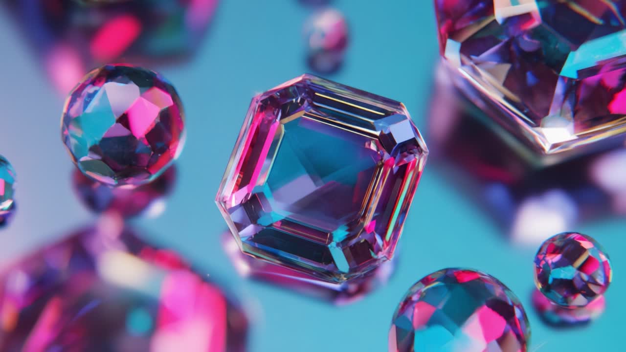 A Mesmerizing Display of Colorful Faceted Gems Sparkling in an Iridescent Setting, Showcasing the Beauty of Light Reflection and Refraction Through Vivid Multicolored Crystals and Jewels