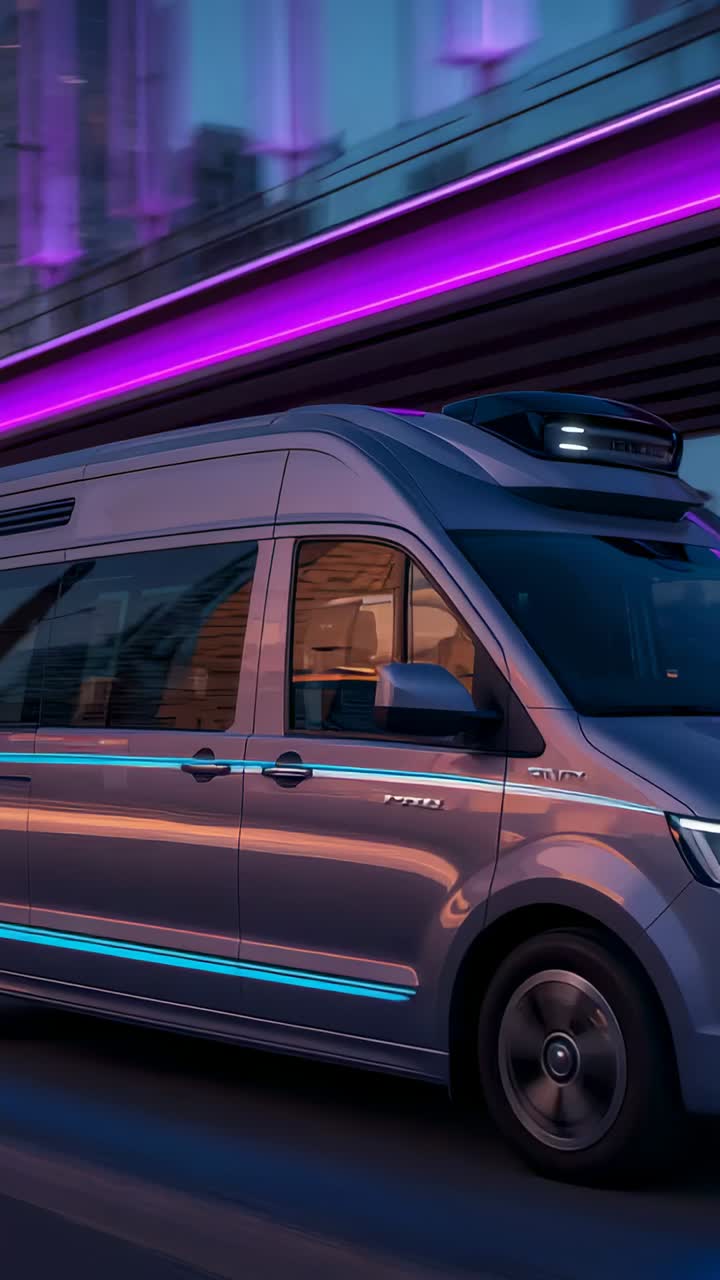 Vertical video: Tracking cam following camper van moving right under neon bridge to city cyan LEDs