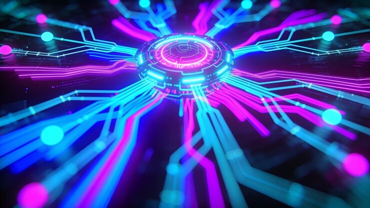 Hub centrale radiante che emette un'onda pulsante e avvia flussi ciano e magenta attraverso un piano scuro.
