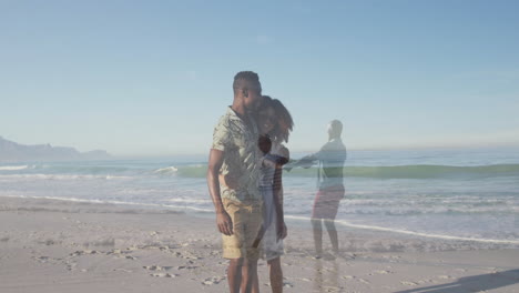 couple hugging on beach, with animated heart icons floating over tourism data chart