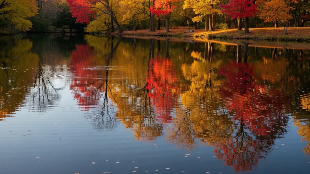 A Stunning Autumn Landscape: Reflective Water Surrounded by Vibrant Fall Foliage in a Peaceful Natural Setting