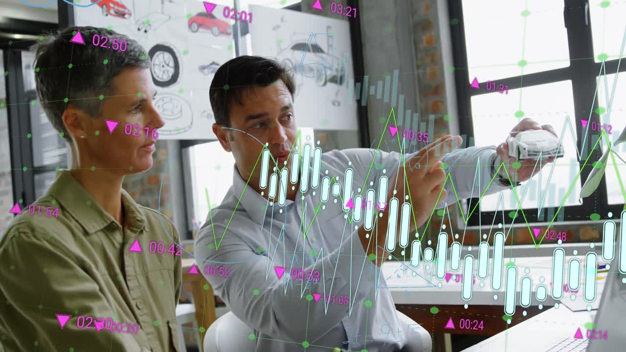 animación de gráficos, ecuaciones matemáticas y diagramas, diversos ingenieros discutiendo el modelo de coche