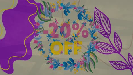 animación de texto, 20 por ciento de descuento, en círculo floral con movimiento abstracto forma púrpura y hojas