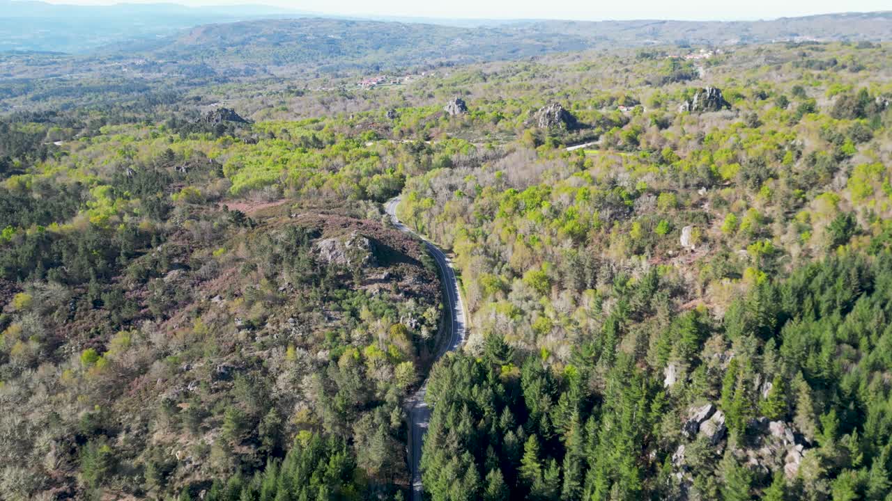 Seguendo una strada attraverso le foreste di Esgos, Spagna.