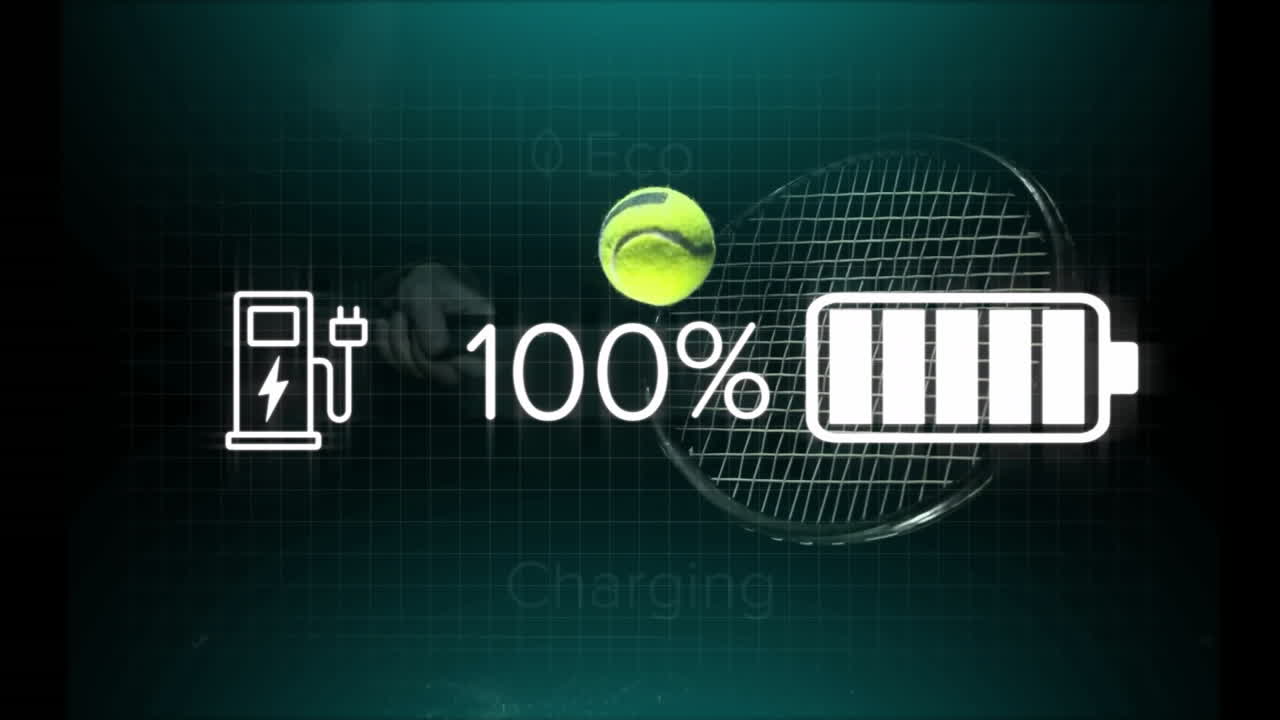 Eco tennis ball hovering above battery interface pulsing on teal grid, showing pump icon, 100% text