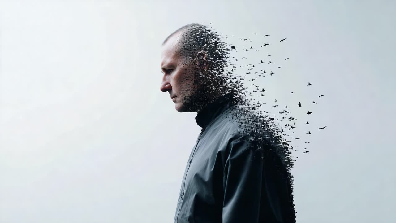 Transformation of Identity: A Striking Visual Representation of the Human Experience Illustrated Through the Metaphor of a Man Dissolving into Birds, Symbolizing Freedom and Change