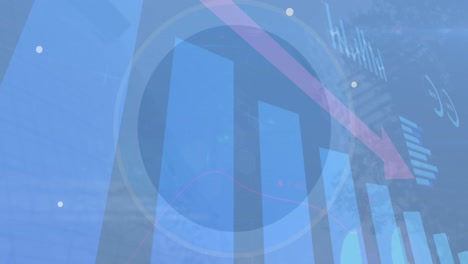 animation of multiple graphs and down arrow, loading circles against abstract background
