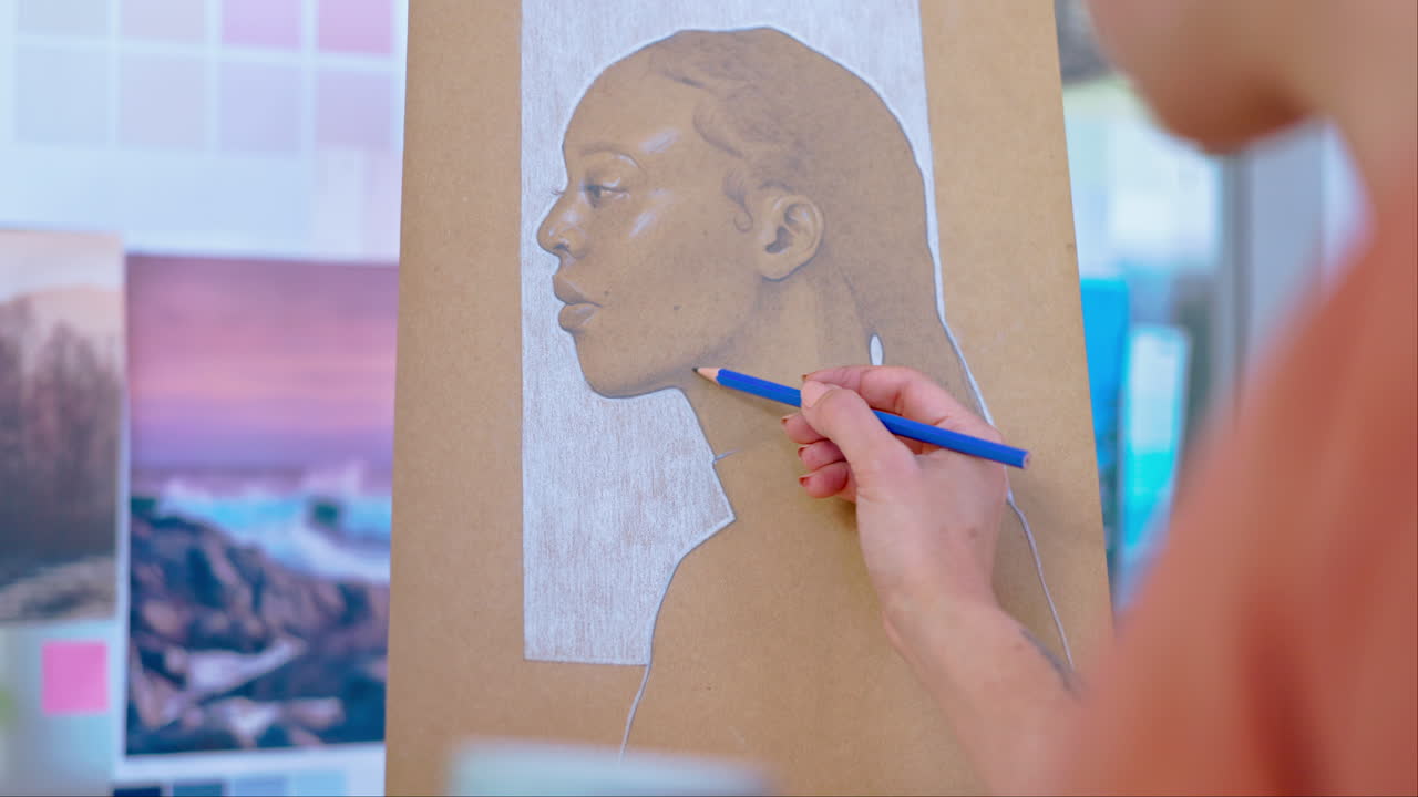 손, 예술가와 캔버스 위의 그림의 클로즈업