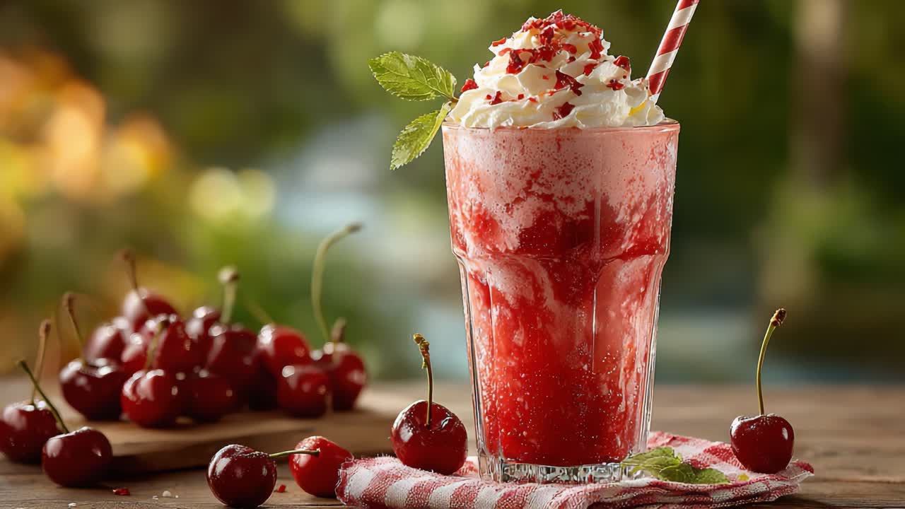 Delizioso frullato di ciliegie con panna montata e una cannuccia, circondato da ciliegie fresche, perfetto per una rinfrescante delizia estiva.