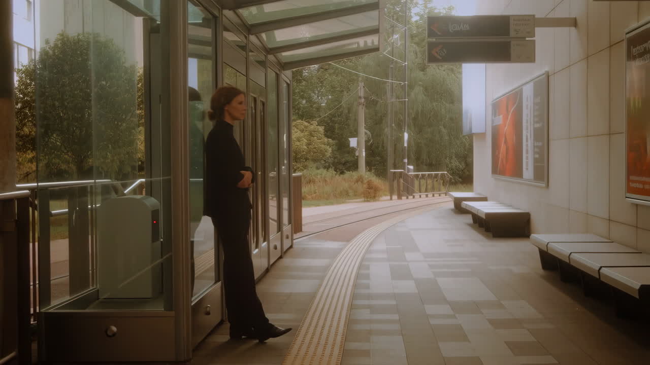A woman waits patiently at a modern tram stop