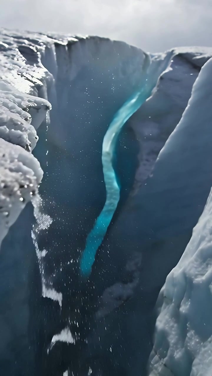 Video verticale: Ghiaccio che gocciola, rivelando una crepa turchese di scioglimento su un ghiacciaio a causa della neve che si scioglie.
