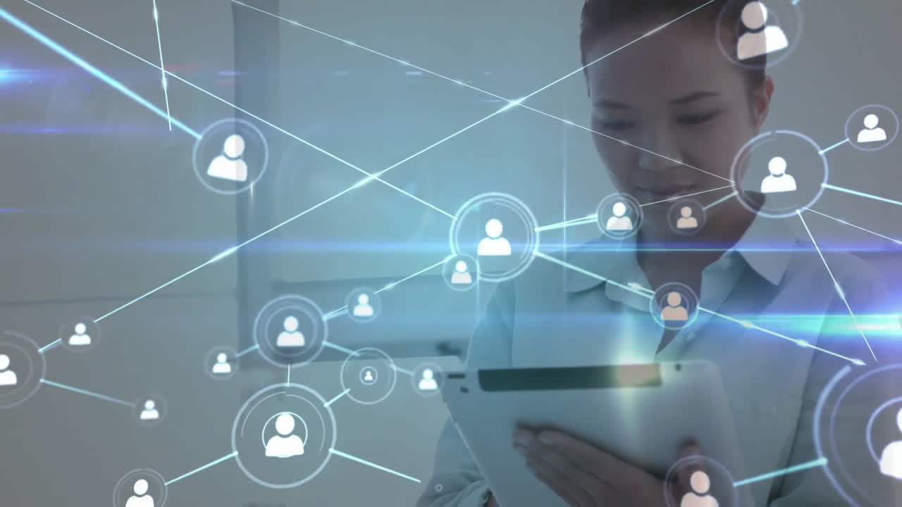 Animation of network of connections with icons over asian woman using tablet