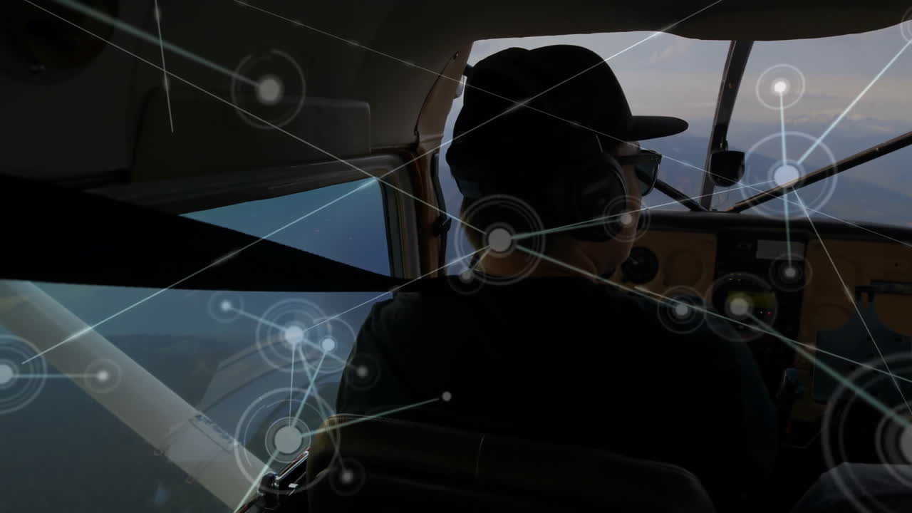 조종사 에서 네트워크 연결 애니메이션이 여있는 항공기를 비행하는 조종사