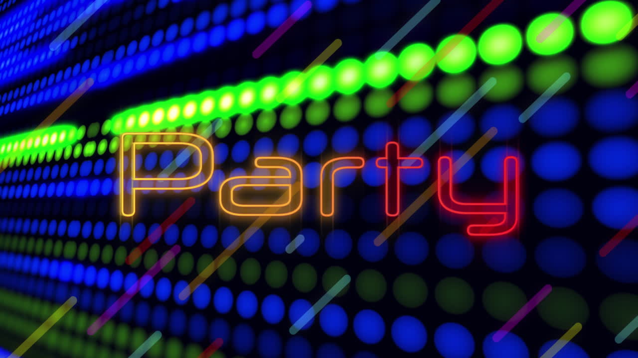 Animation of party neon glowing text over rows of glowing green and blue spots