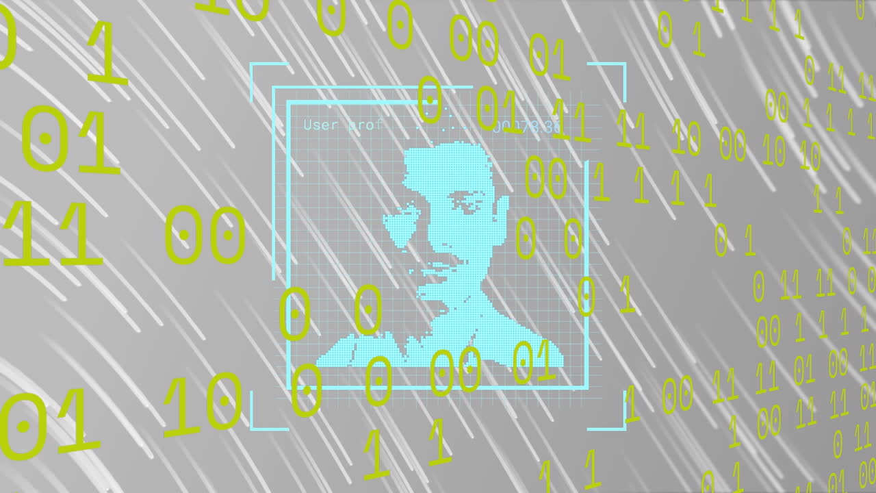 Animation of biometric face scanning and binary coding over light trails