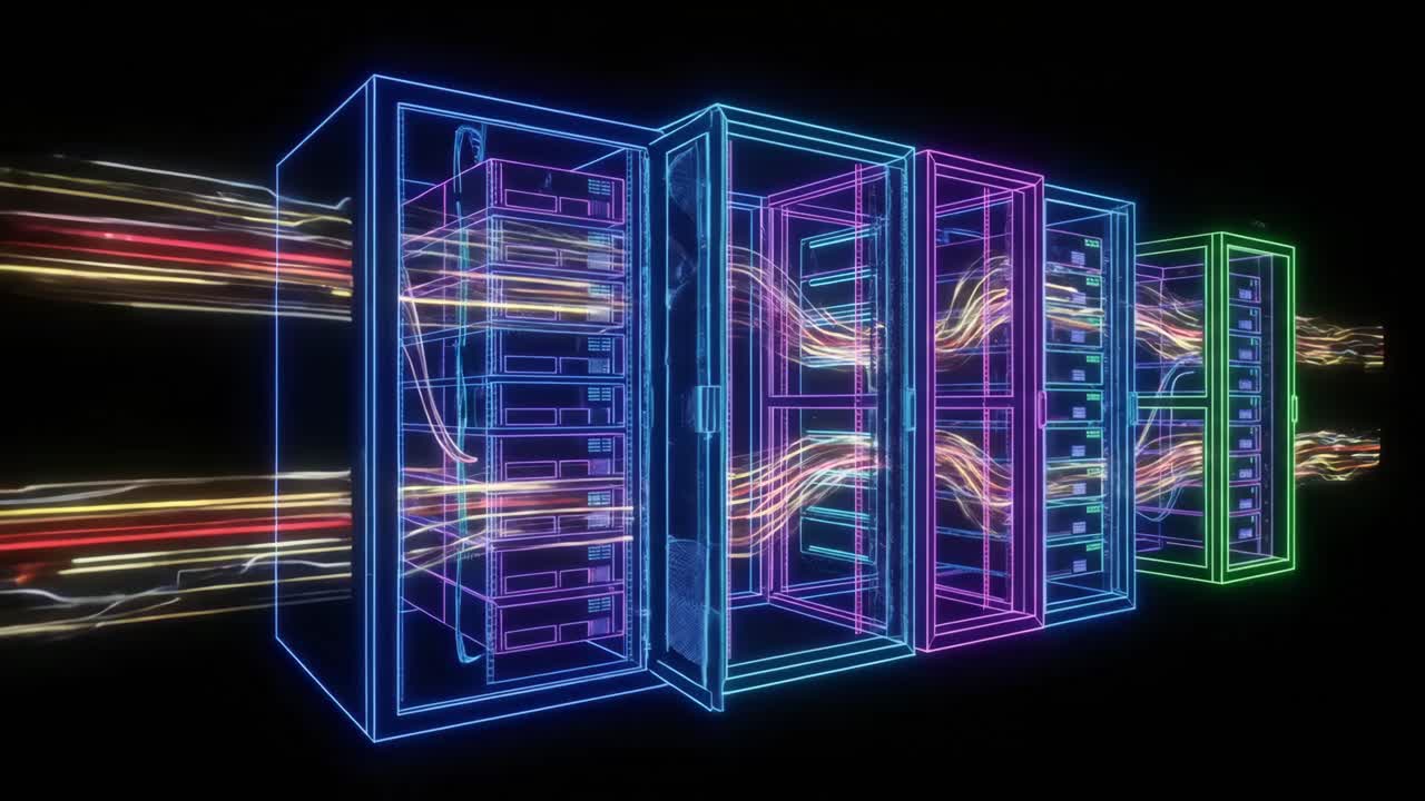 Digital Data Flowing Through Neon Wireframe Server Racks