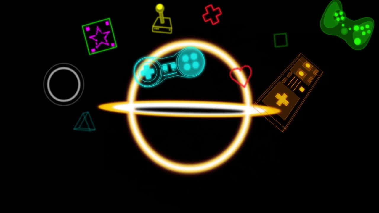 Neon game controllers and symbols animation over black background