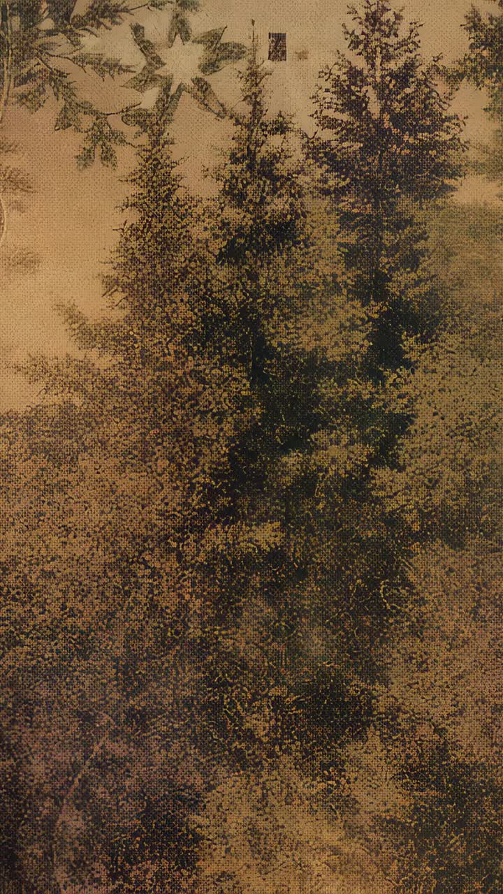 Vertical video: Panning camera revealing tapestry showing conifer motif in room, dot-pattern print