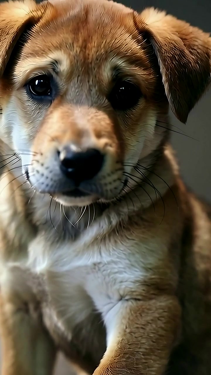 Vertical video: Sniffing puppy investigating fabric toy placed on sofa then gazing, with collar