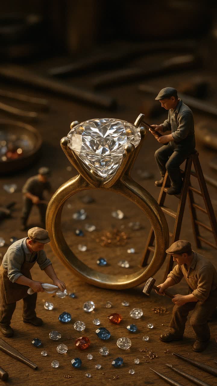 Miniature jewelers carefully crafting oversized diamond ring, meticulously polishing precious stones within detailed jewelry workshop environment, highlighting precision artisan skills
