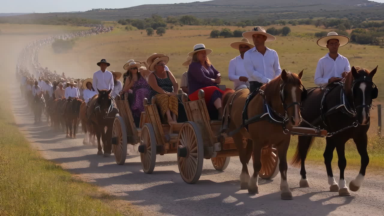 Large Procession of People on Horseback and in Horse-Drawn Carriages