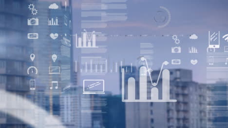 video compuesto digital de la interfaz digital con procesamiento de datos contra edificios altos