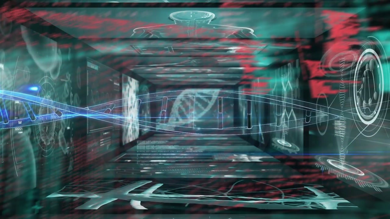 Animation of diverse data processing and dna on digital screens on black background