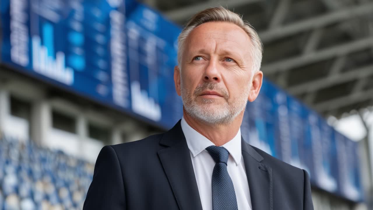 A confident professional stands proudly in a modern stadium, reflecting on his achievements as data displays insights into performance and statistics on the digital boards