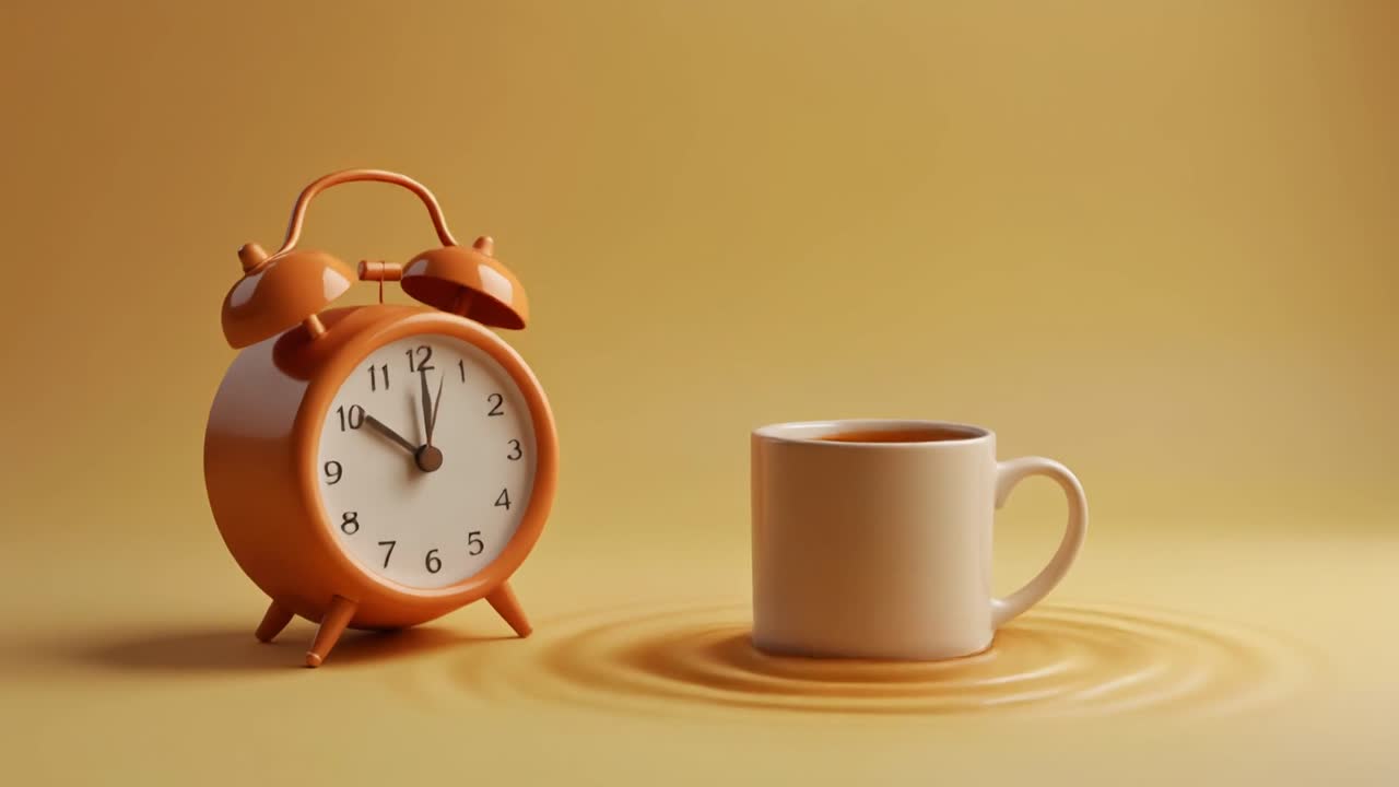 Tazza di caffè che si riempie accanto a una sveglia